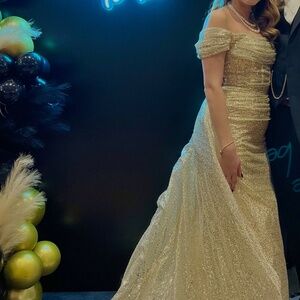Champagne Off the Shoulder Dress with Removable Overskirt